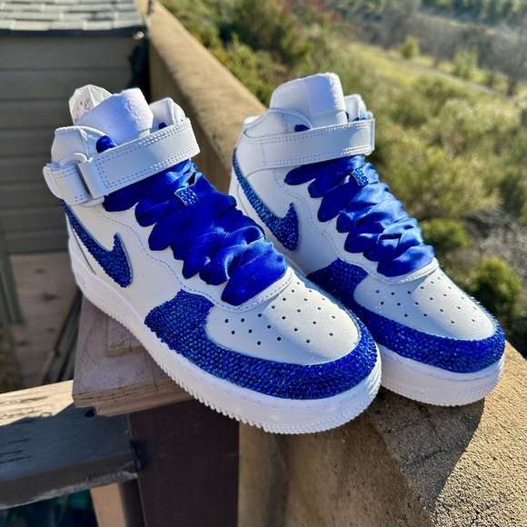 Custom Nike Air AF1 Blue Mid-Top Shoes, Rhinestone Wedding Shoes - Picture 4 of 4